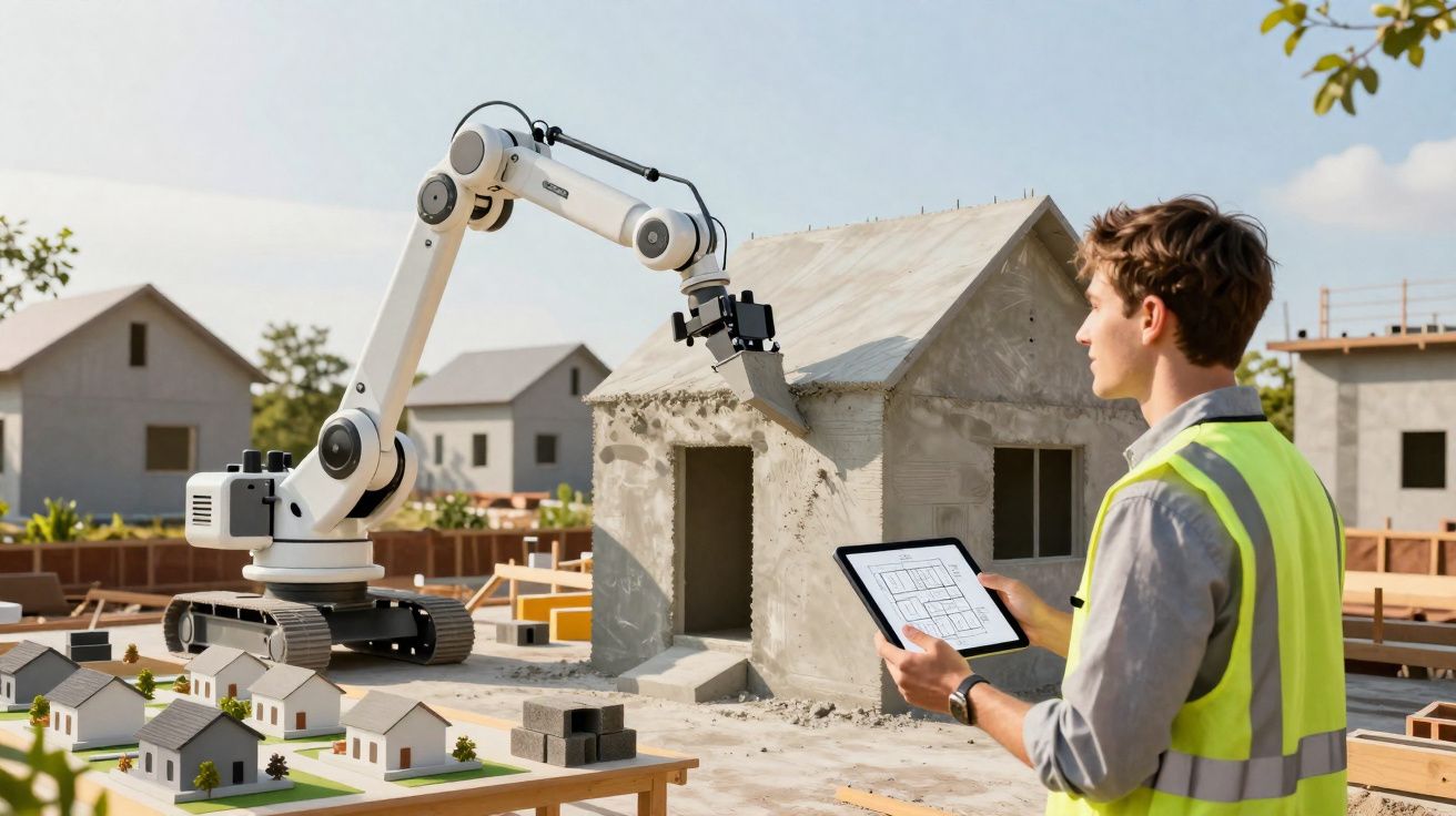 Engenheiro com tablet a monitorizar robô a construir casa em modelo de obra de construção civil.