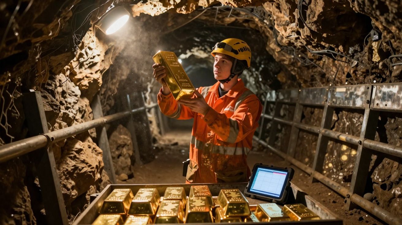 Mineiro com capacete e fato laranja segura barra de ouro dentro de uma mina subterrânea iluminada.