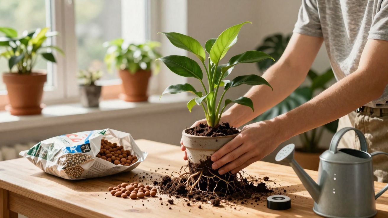 Pessoa transplantando planta em vaso dentro de casa com terra, regador e argila expandida numa mesa de madeira.