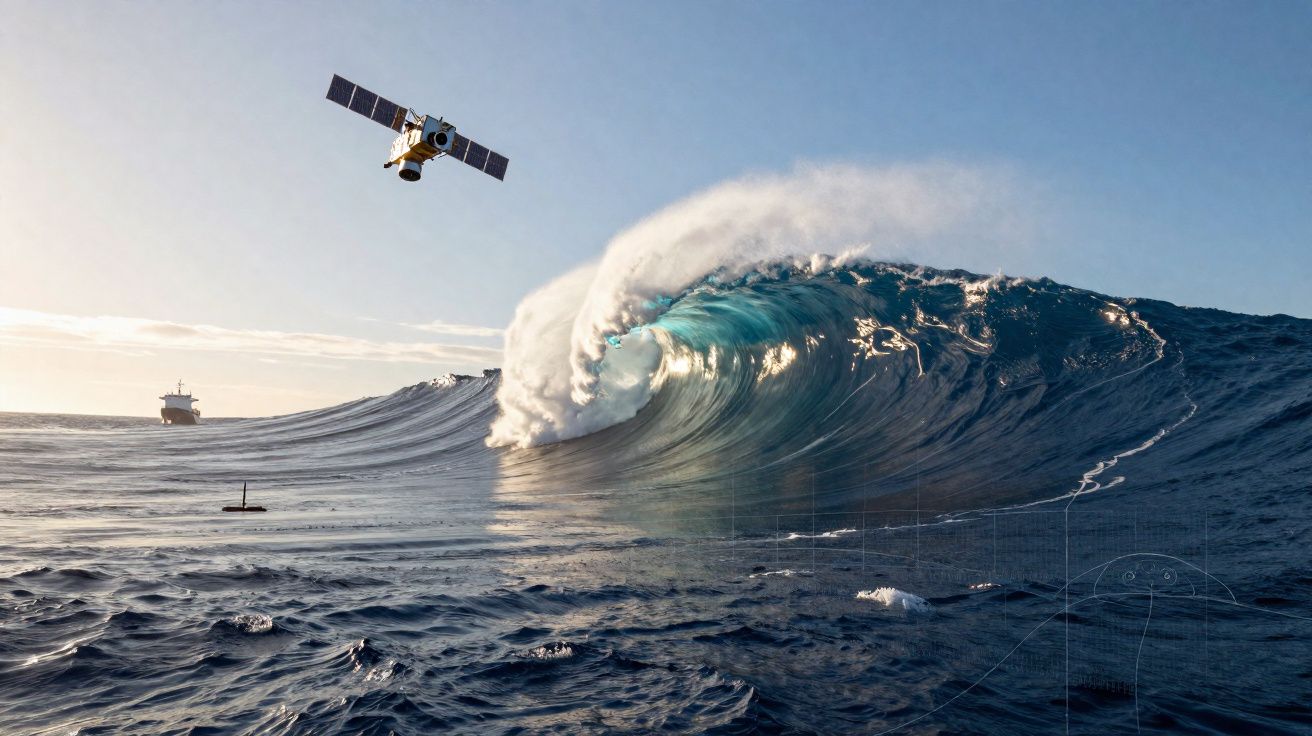 Oceano com uma grande onda a formar-se, satélite no céu e um barco ao fundo ao nascer do sol.