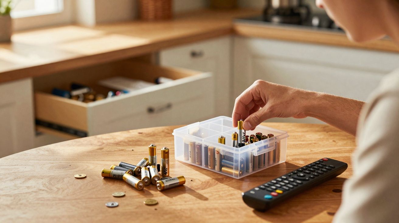 Pessoa a organizar pilhas numa caixa transparente numa mesa de cozinha com comando remoto ao lado.