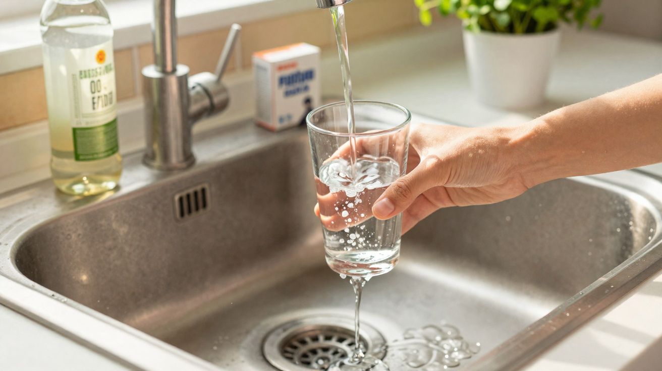 Mão a encher copo com água potável numa cozinha junto a uma pia metálica sob luz natural.