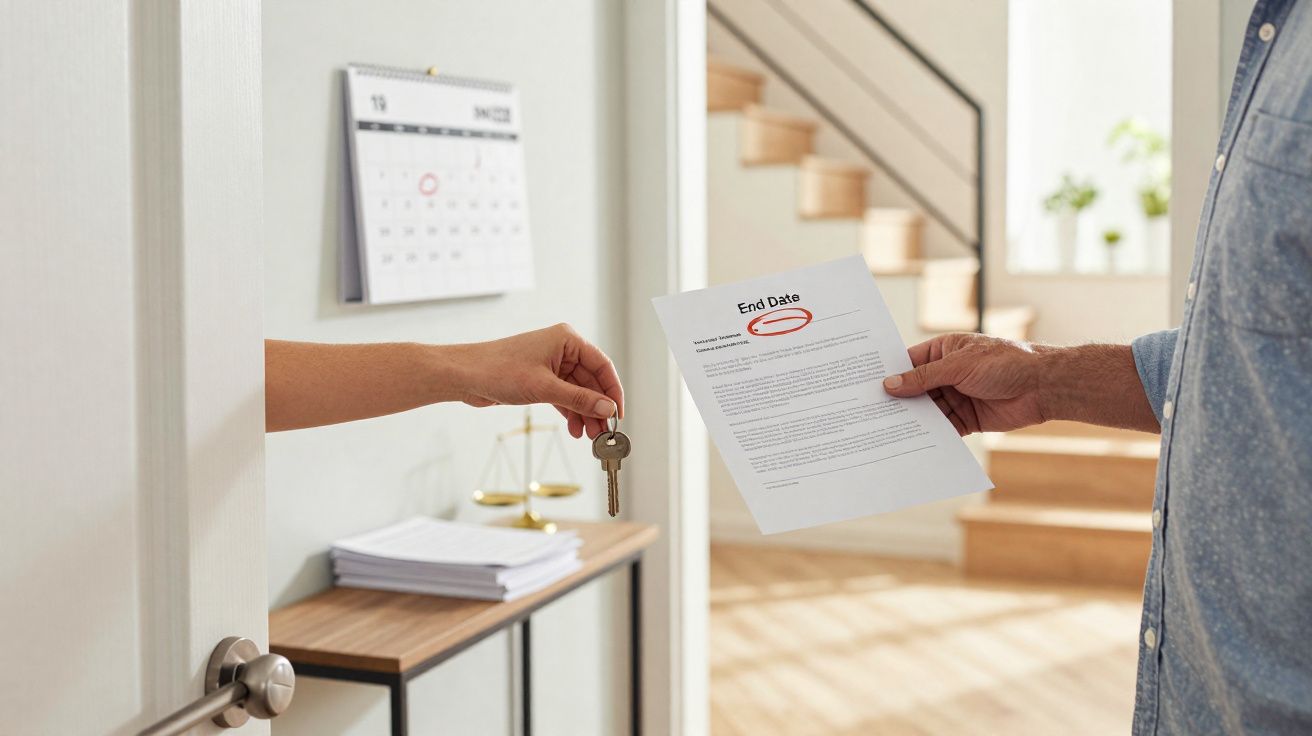 Pessoa entrega chave e recebe documento com data final assinalada, calendário e escultura de balança ao fundo.