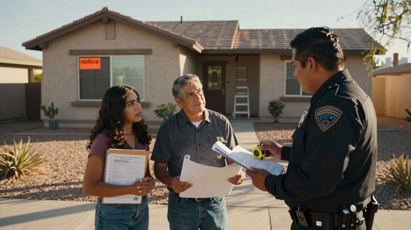 Polícia conversa com casal em frente a casa com aviso de notificação na janela, ambos seguram documentos.