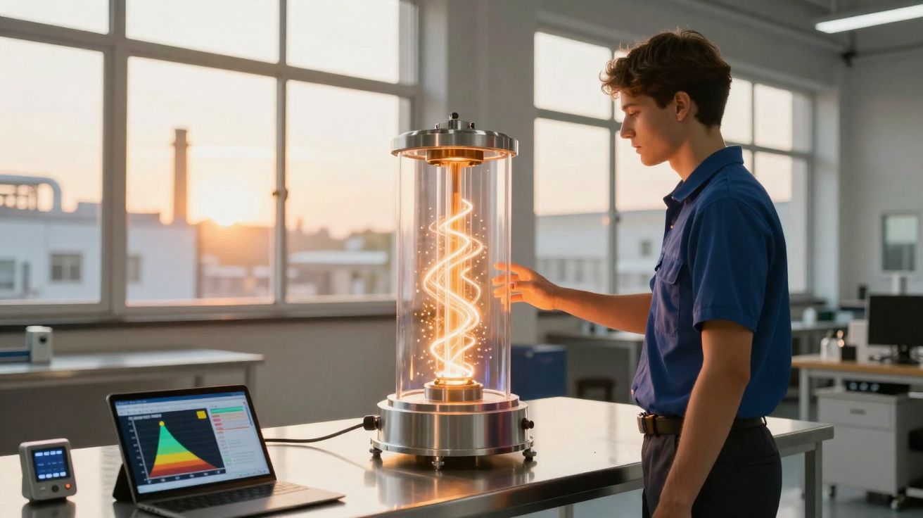 Jovem observa dispositivo luminoso cilíndrico com espiral brilhante num laboratório moderno ao pôr do sol.