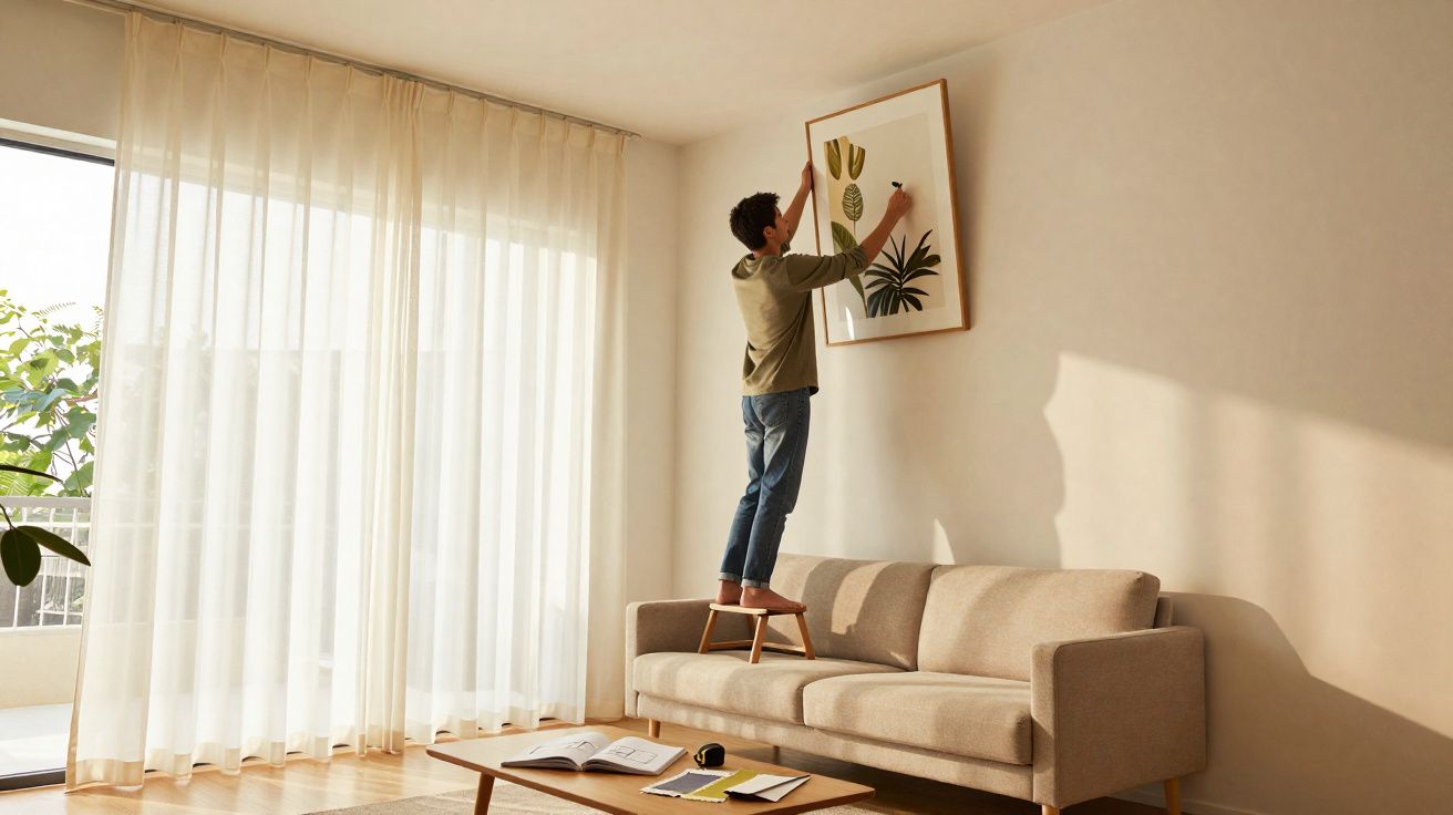 Homem em pé num banco sobre sofá a pendurar quadro com plantas numa sala iluminada por luz natural.