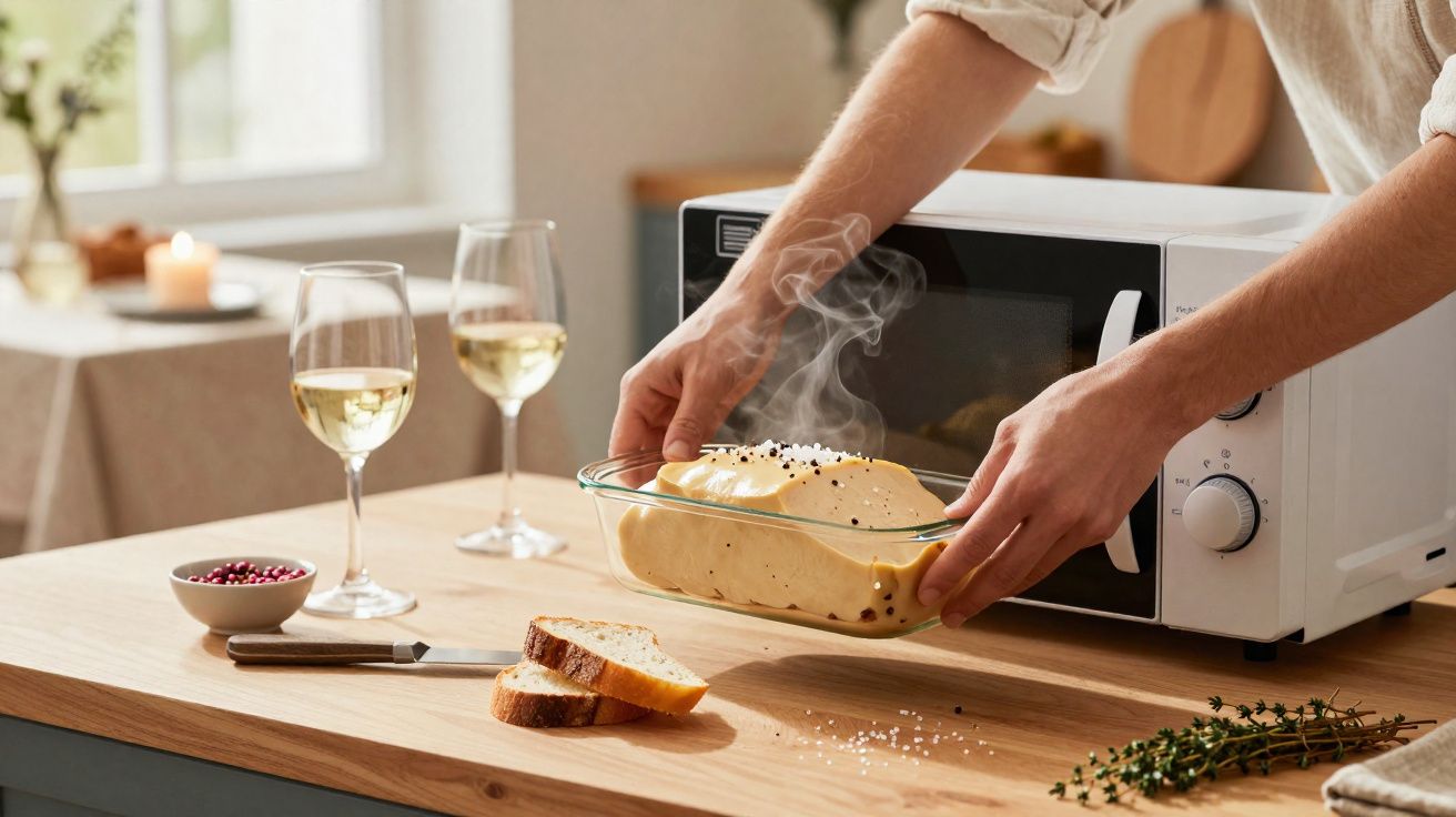 Pessoa a retirar do micro-ondas um prato de vidro com pão quente, mesa com vinho, pão cortado e ervas.