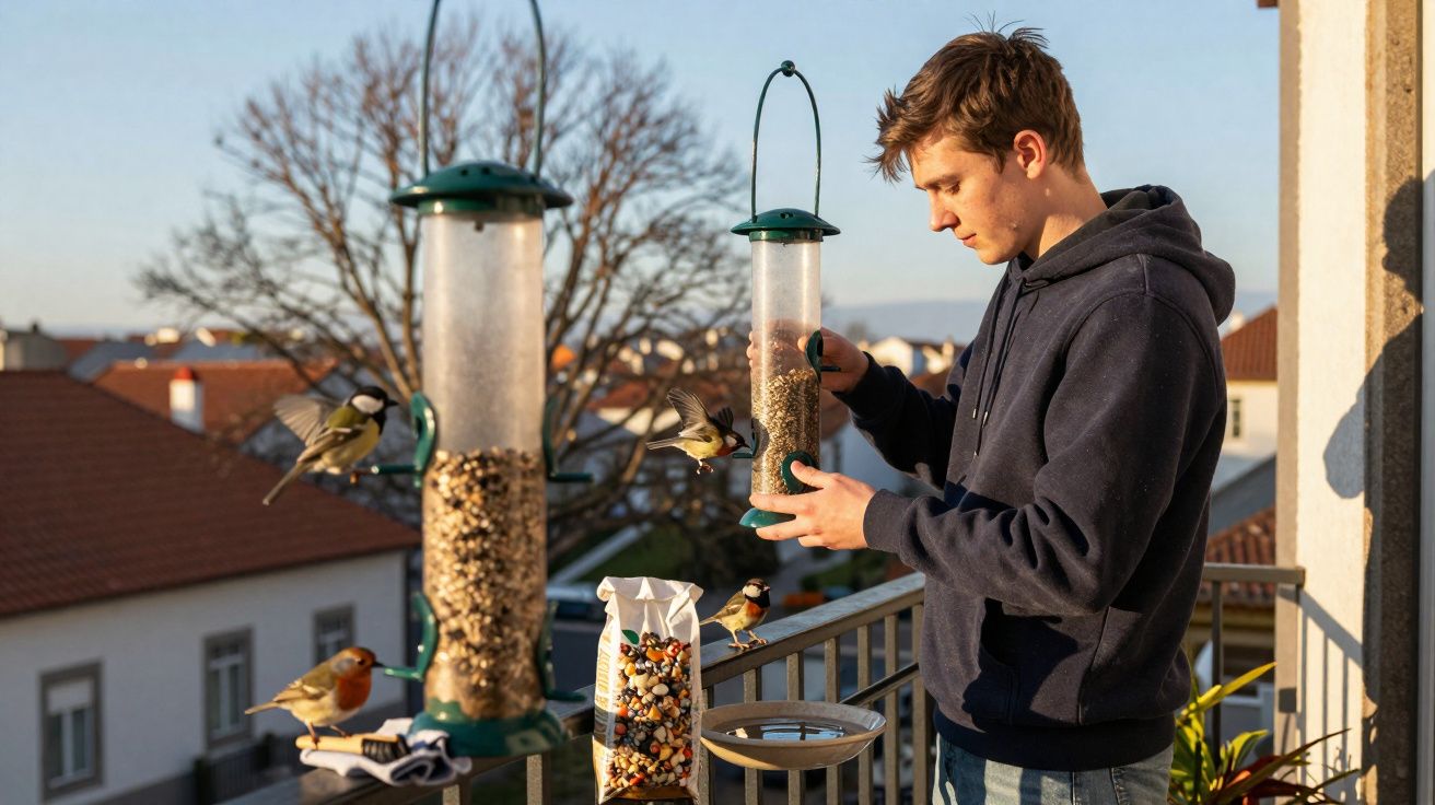 Jovem alimenta pássaros com comedouro suspenso numa varanda durante o pôr do sol.