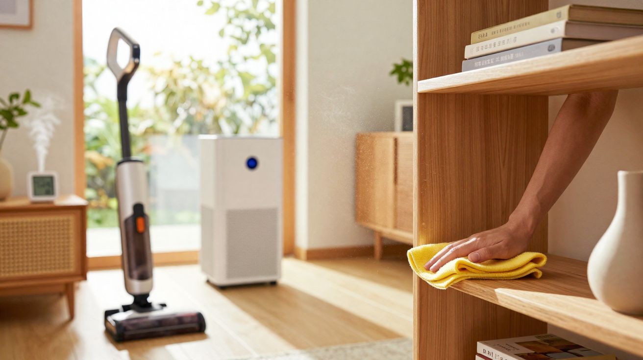 Pessoa a limpar prateleira de madeira com pano amarelo num interior com aspirador e purificador de ar ao fundo.