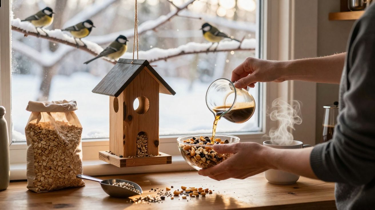 Pessoa a verter líquido numa taça de frutos secos junto a comedouro para pássaros numa janela com neve.