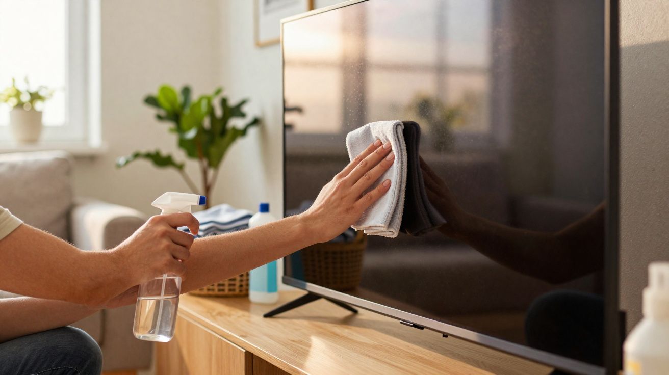 Pessoa a limpar e polir ecrã de televisão com pano e spray, em sala de estar luminosa.