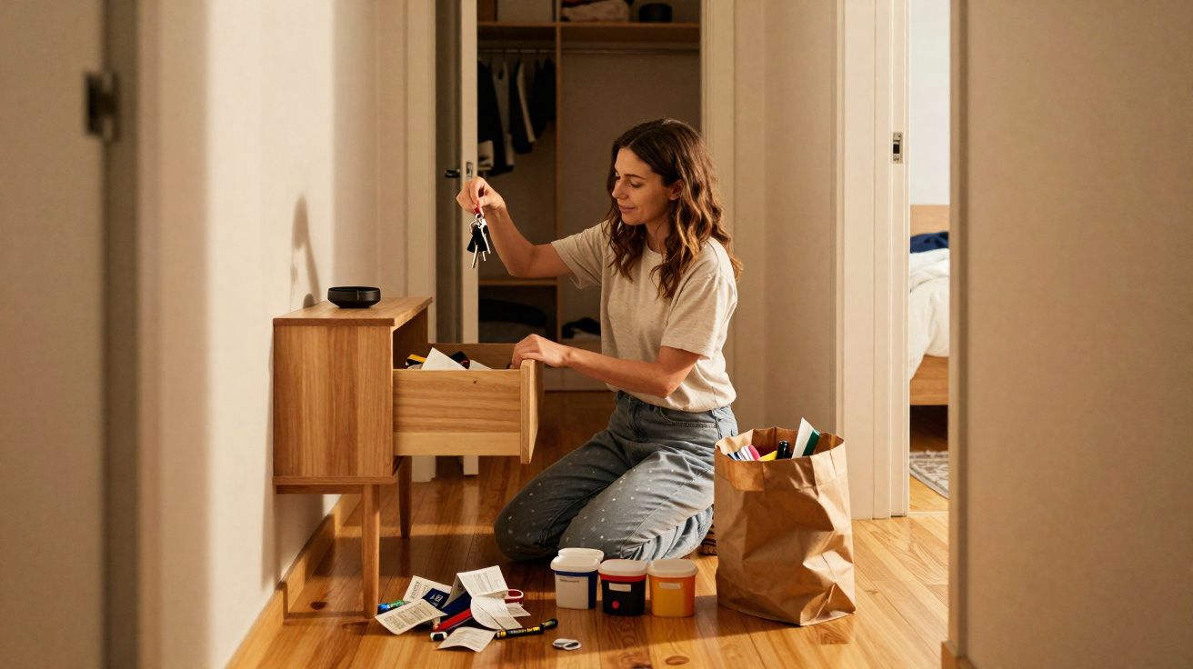 Mulher ajoelhada a organizar chaves e documentos numa gaveta numa casa com chão de madeira.