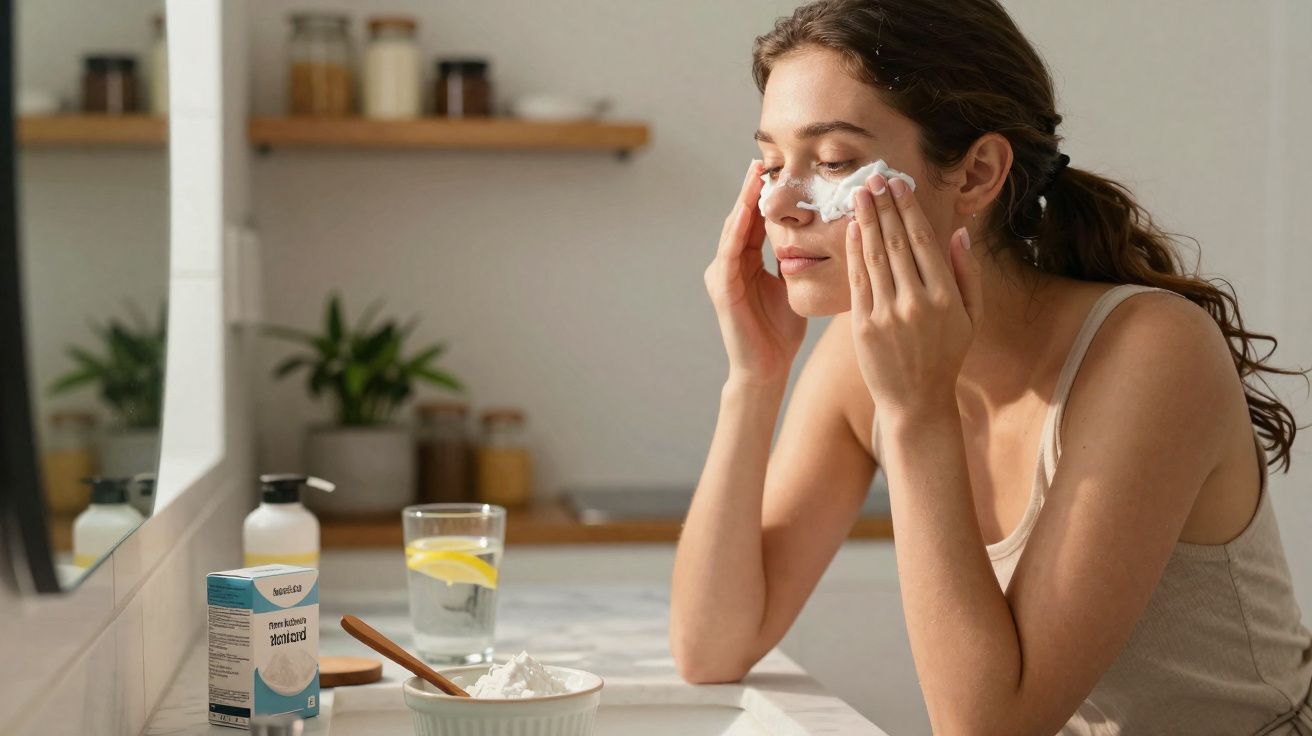 Mulher a aplicar creme facial branca no rosto em casa, junto a uma pia e produtos de cuidado da pele.