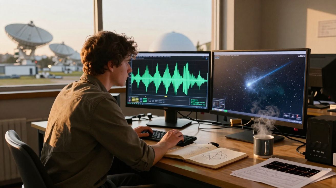 Homem a analisar gráficos de ondas sonoras e imagem de cometa em dois ecrãs num escritório com antenas parabólicas à vista.