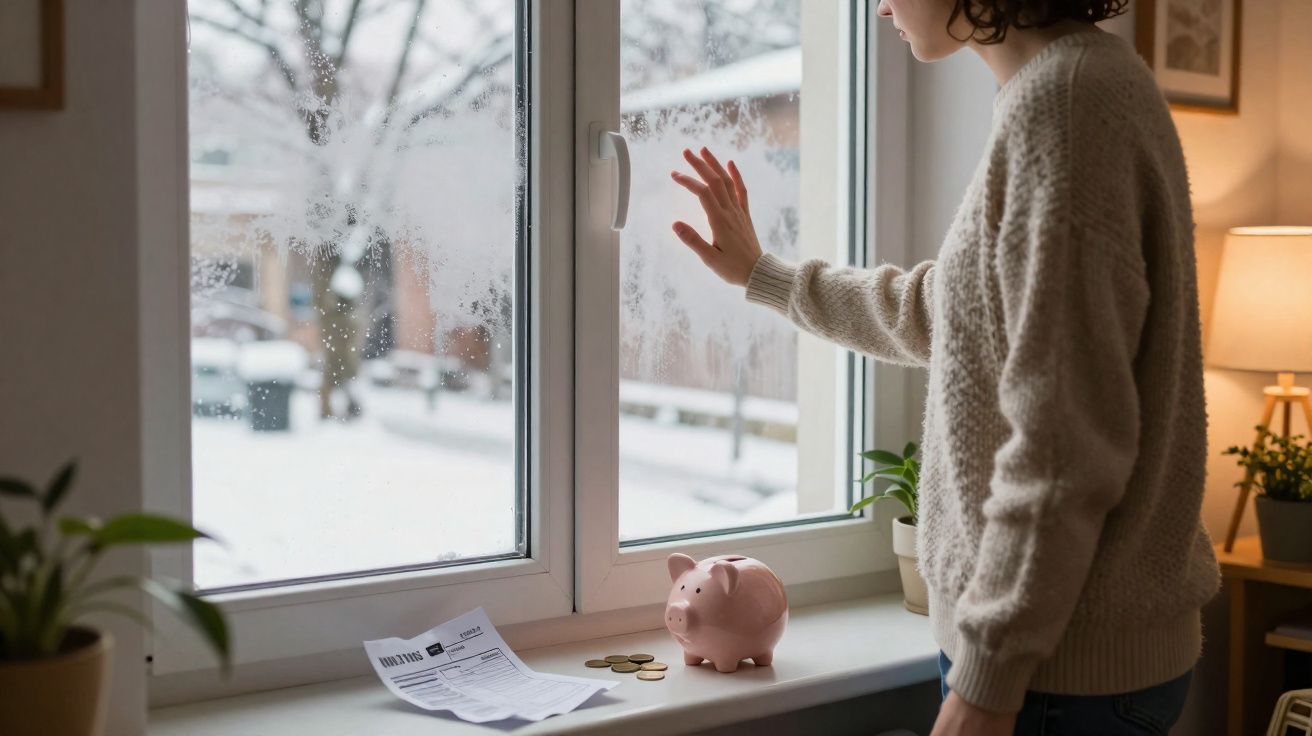 Pessoa junto a janela com mão levantada e vista para paisagem coberta de neve, com mealheiro e faturas na janela.