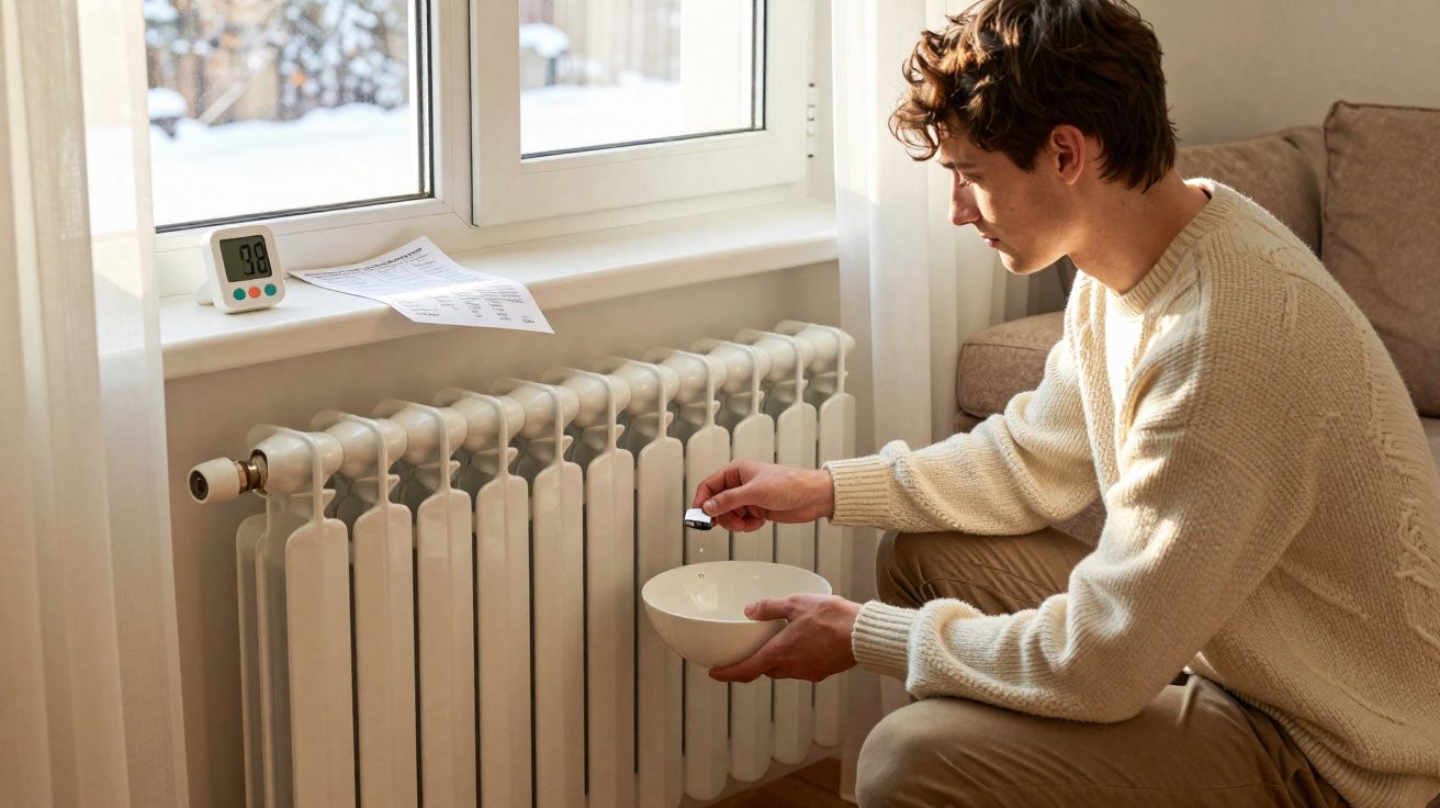 Homem a colocar pastilha efervescente num radiador enquanto se aquece junto à janela.