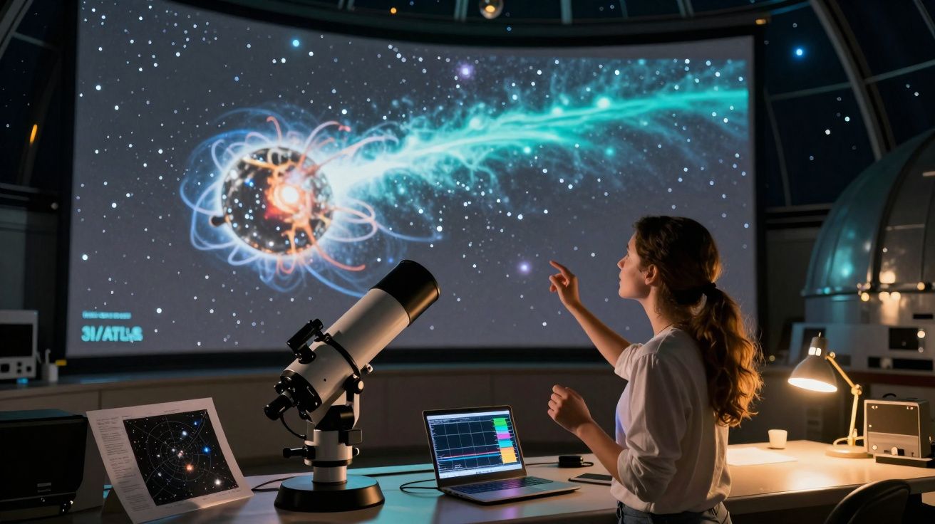Mulher em laboratório de astronomia observa projeção de fenômeno espacial com telescópio e computador à frente.