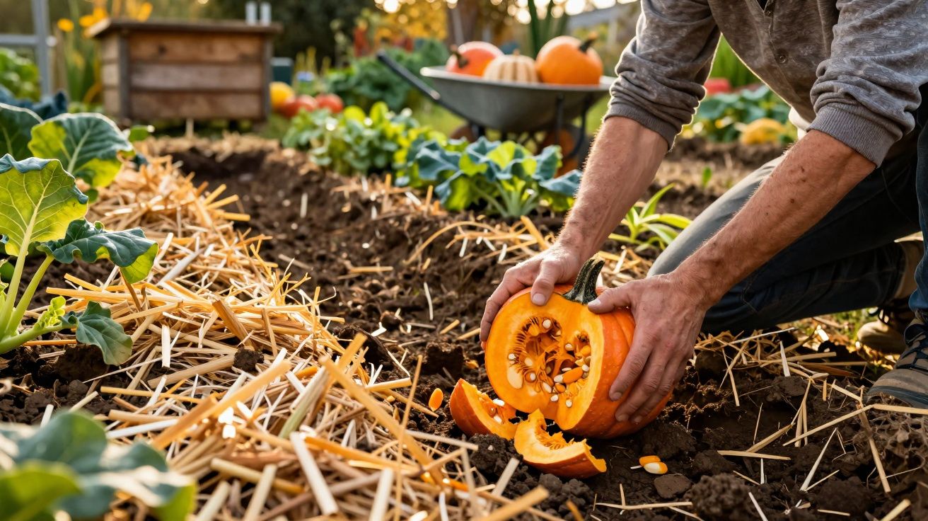Pessoa a cortar abóbora num jardim com terra arada e plantas verdes ao fim da tarde.