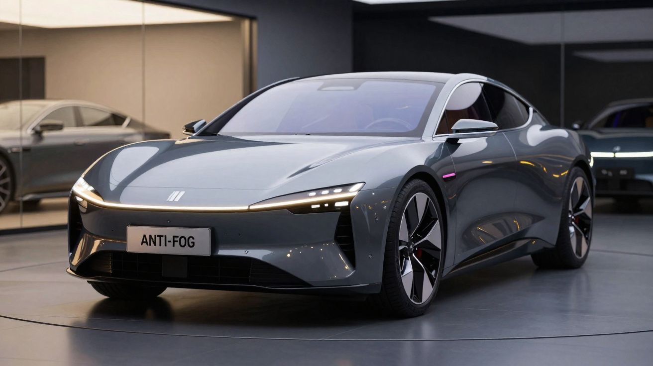 Carro desportivo moderno cinza metálico estacionado em salão com luzes LED e design aerodinâmico.