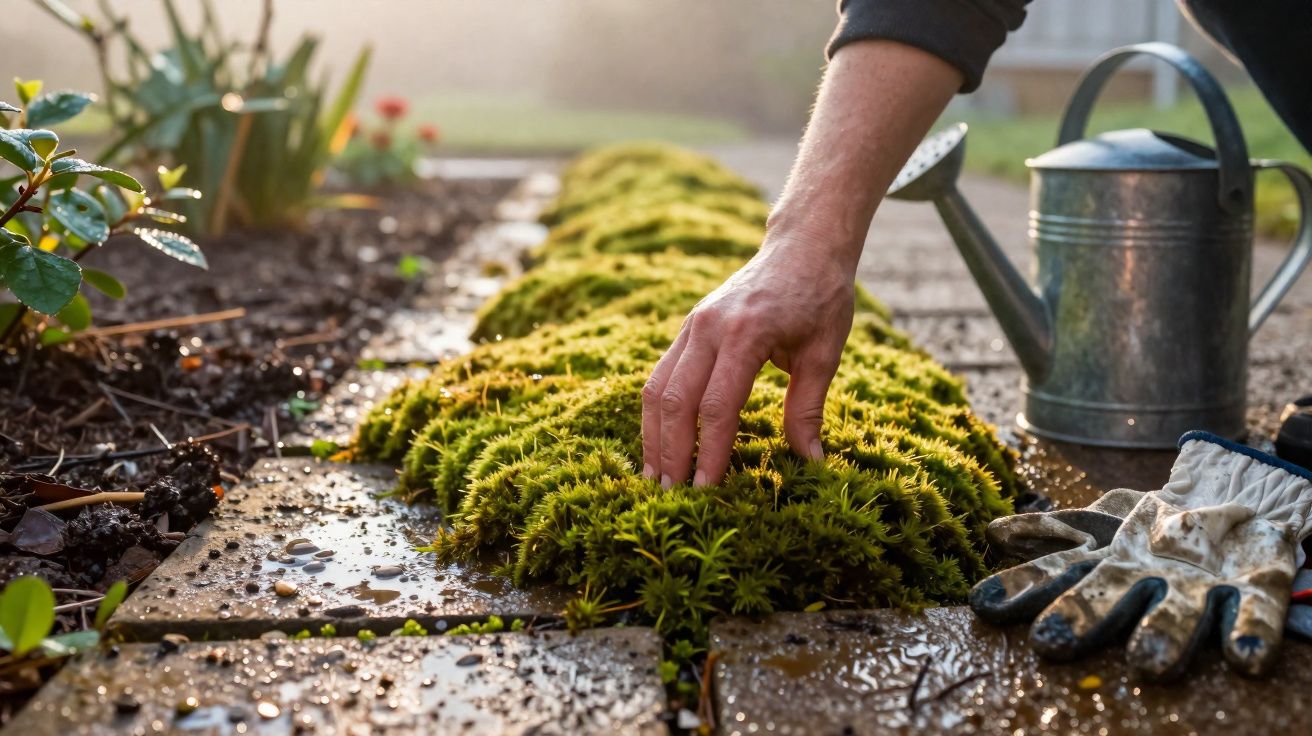 Mão a tocar musgo verde num caminho de pedra molhado, com regador e luvas de jardinagem ao lado.