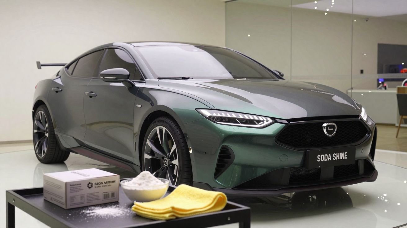 Carro eléctrico verde escuro brilhante estacionado numa sala com mesa e produtos de limpeza à frente.