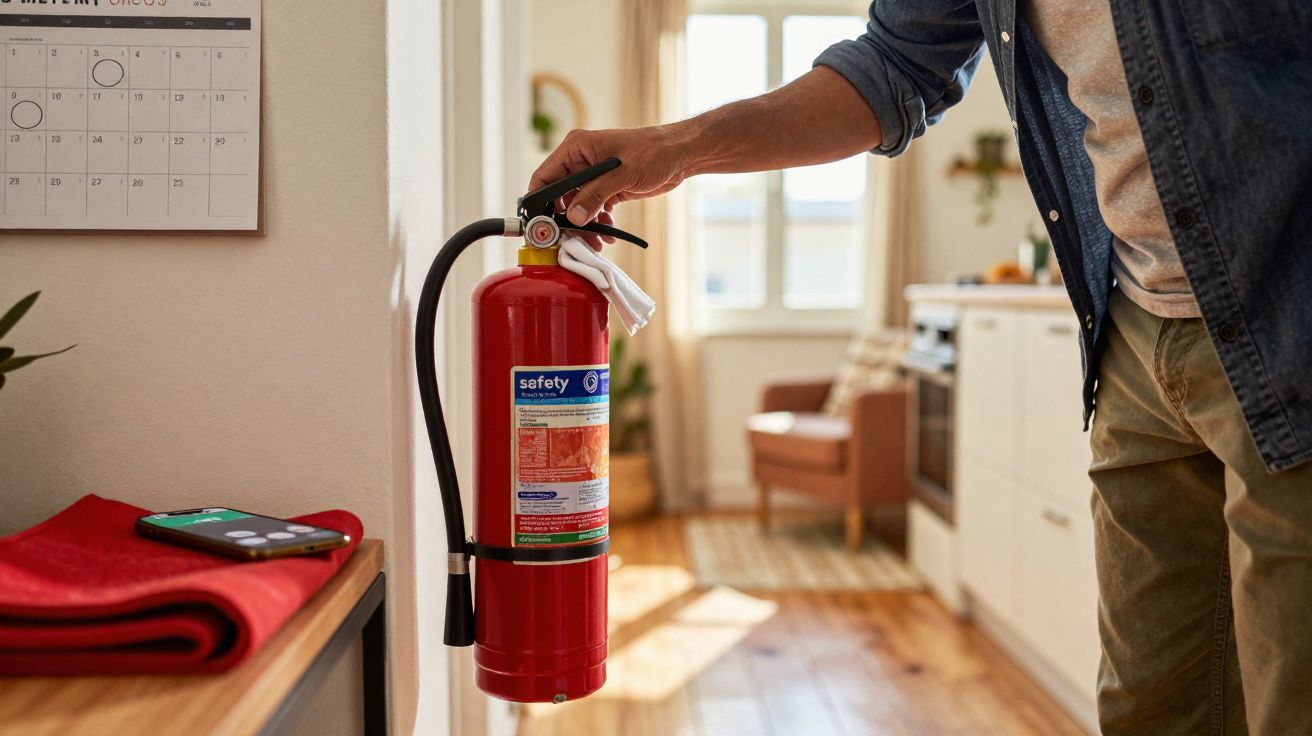 Pessoa a segurar um extintor de incêndio vermelho numa sala bem iluminada com varanda ao fundo.