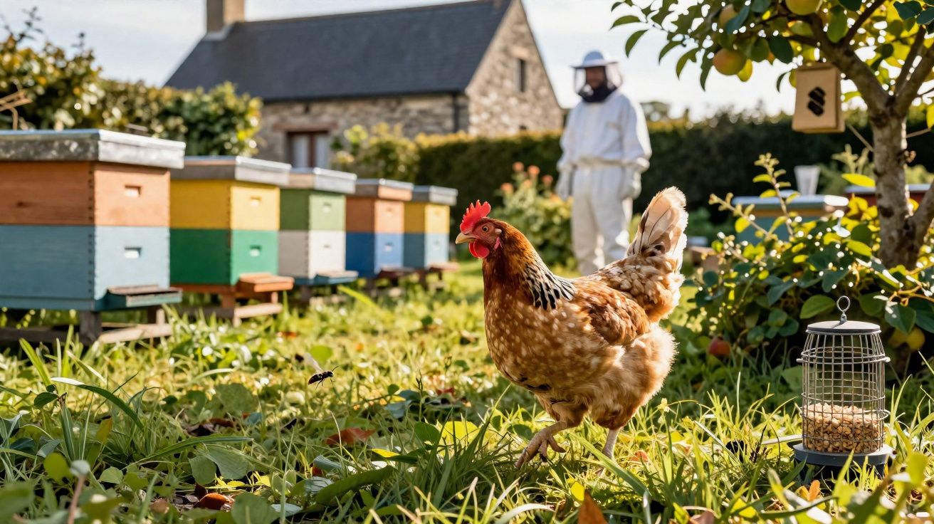 Galinha no campo com colmeias coloridas e apicultor ao fundo numa quinta ensolarada.