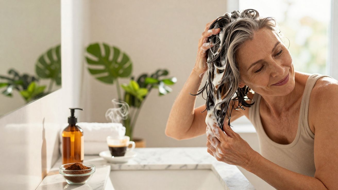 Mulher madura a lavar o cabelo com champô num casa de banho iluminada e decorada com plantas.