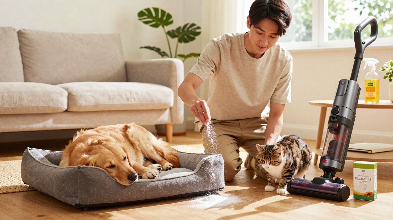 Homem a remover pêlo de animal de estimação do chão ao lado de cão e gato em sala de estar iluminada.