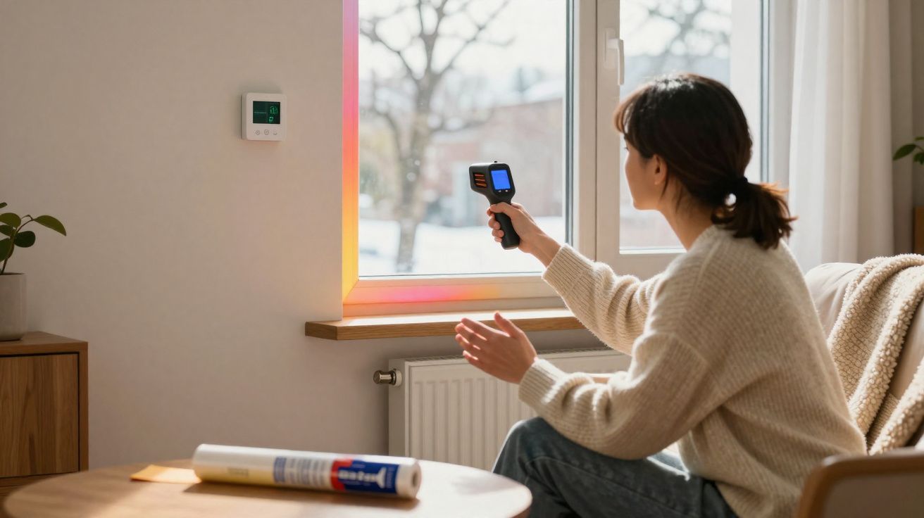 Pessoa sentada a medir a temperatura na janela com termómetro infravermelho num ambiente doméstico.