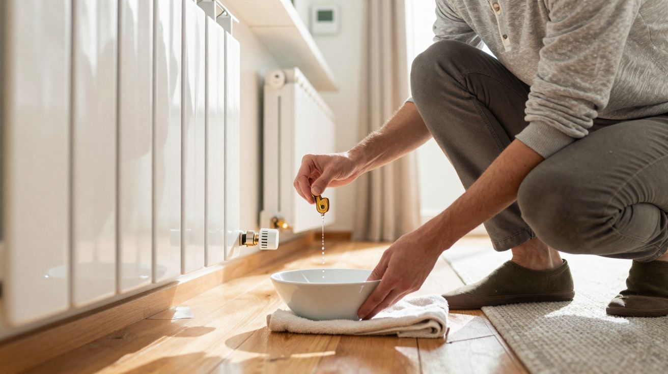 Pessoa medindo a temperatura de um radiador em casa, com uma tigela e toalha no chão.