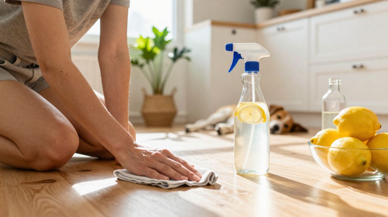 Pessoa a limpar chão de madeira com pano, perto de borrifador e limões numa cozinha iluminada.