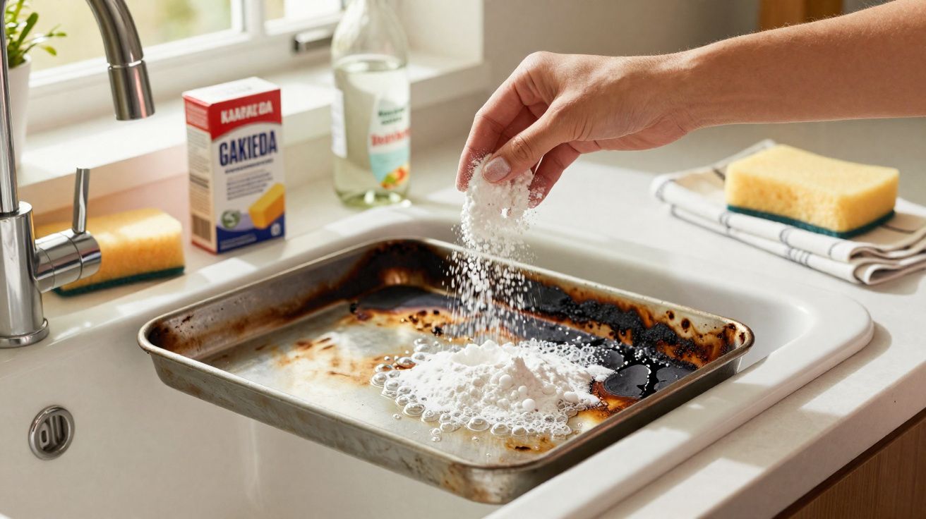 Mão a polvilhar produto de limpeza em tabuleiro queimado dentro de lava-louças numa cozinha.