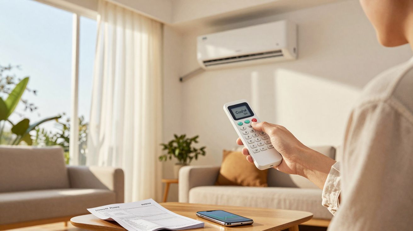 Pessoa em sala moderna a controlar ar condicionado com comando, ao lado de smartphone e papéis sobre mesa de centro.