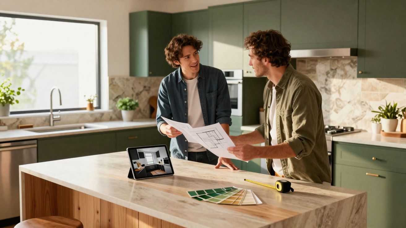 Dois homens discutem plantas numa cozinha moderna com ilha, amostras de cores e ferramentas de medição.