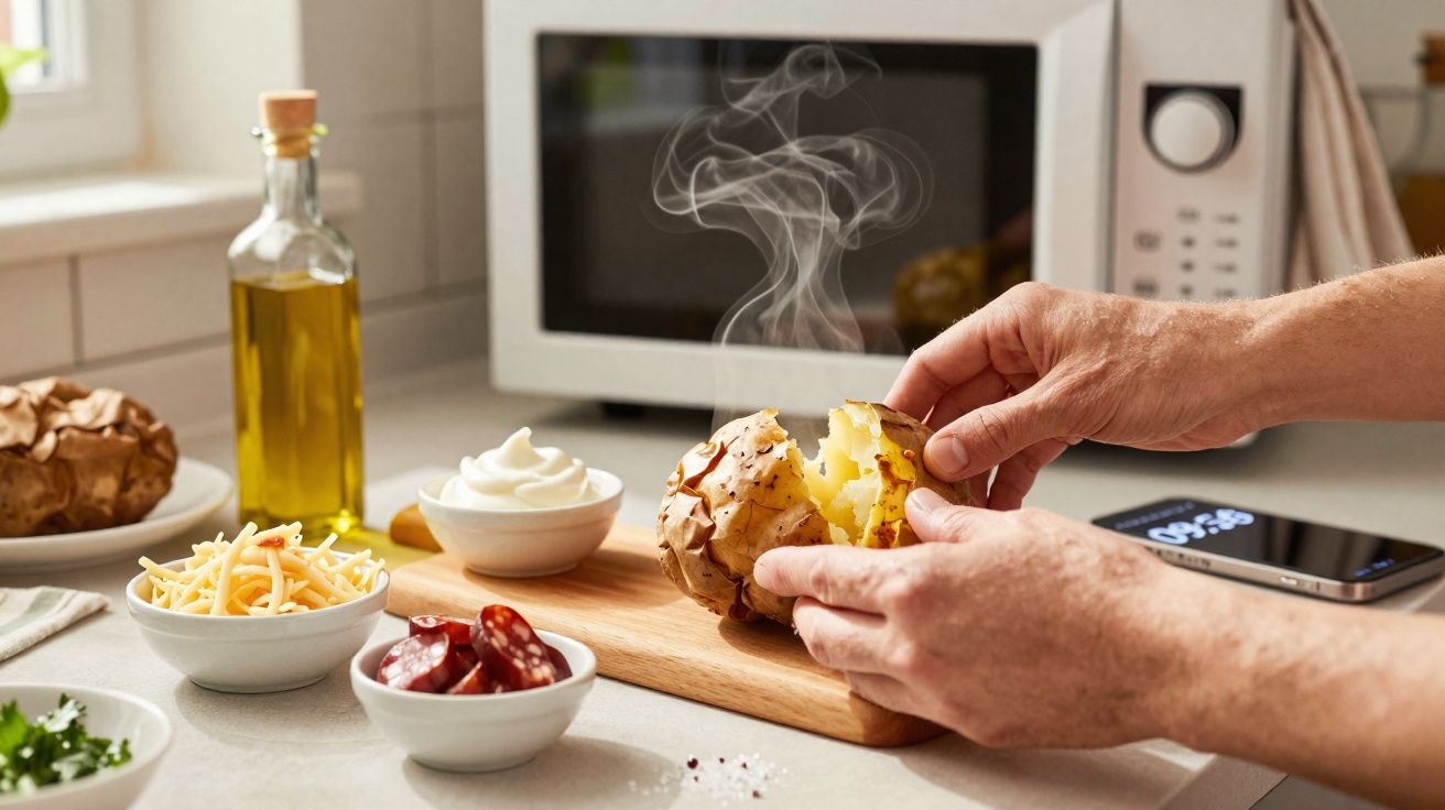 Mãos a abrir uma batata assada fumegante em bancada com ingredientes para recheio próximos.