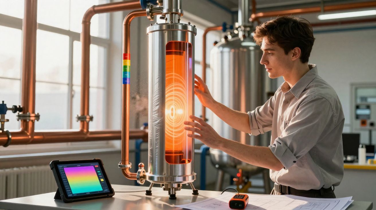 Homem a analisar equipamento técnico com ecrã colorido e cilindro metálico num laboratório moderno.