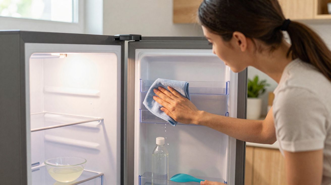 Mulher limpa o interior de um frigorífico vazio com um pano azul numa cozinha.