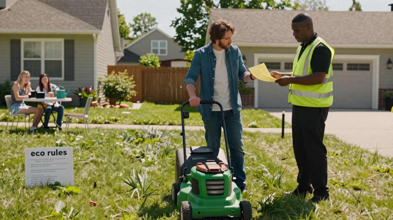 Homem com cortador de relva recebe documento de trabalhador com colete refletor num jardim com sinal "eco rules".