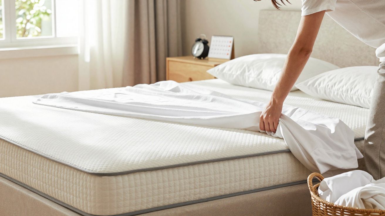 Pessoa a arrumar cama branca num quarto iluminado, com cesto de roupa e janela ao fundo.