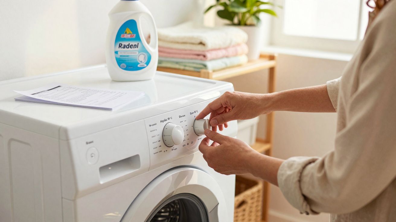 Pessoa a ajustar o ciclo de lavagem numa máquina de lavar roupa branca com detergente na parte superior.
