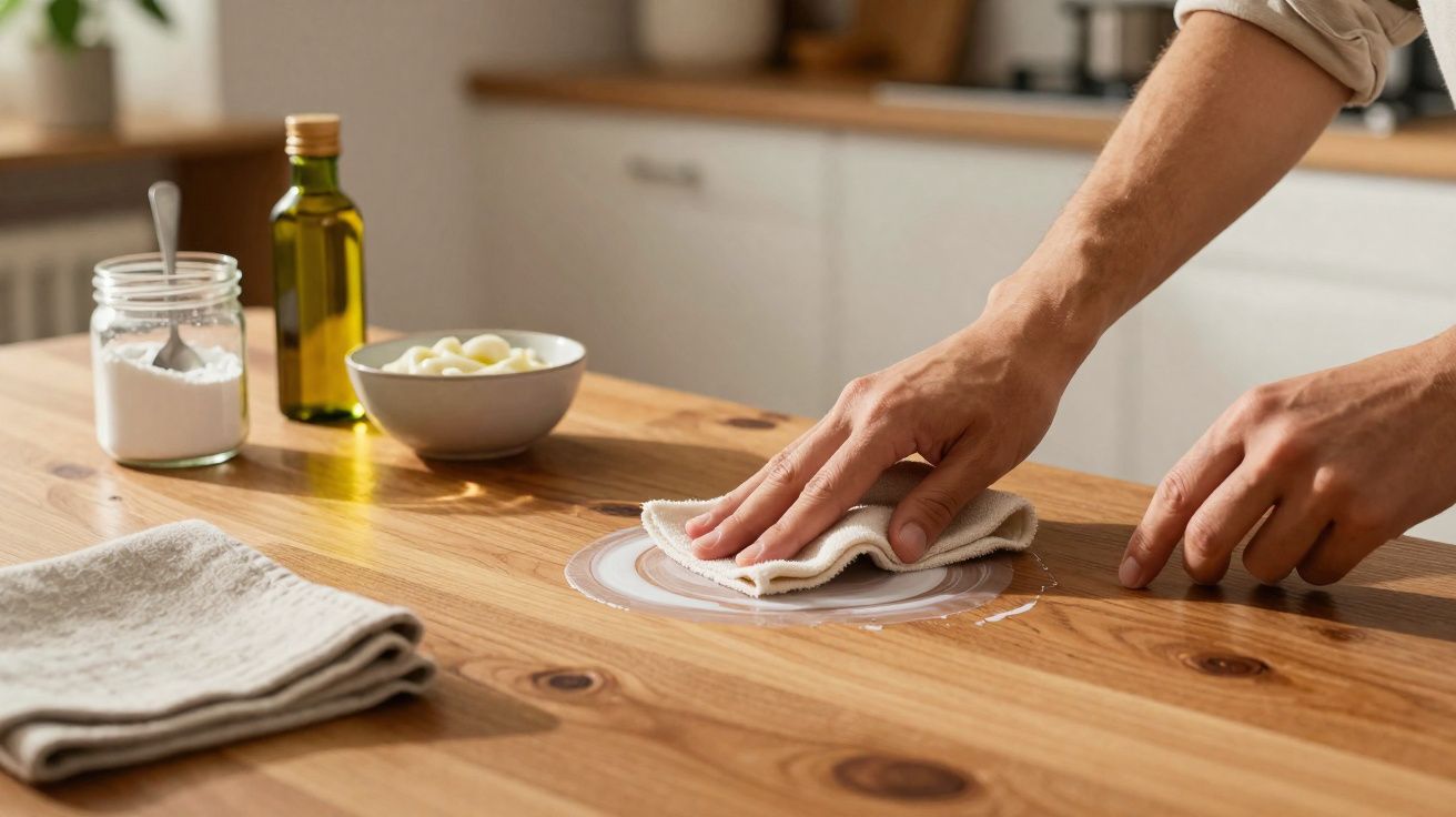Pessoa a limpar derrame de líquido numa superfície de madeira na cozinha.