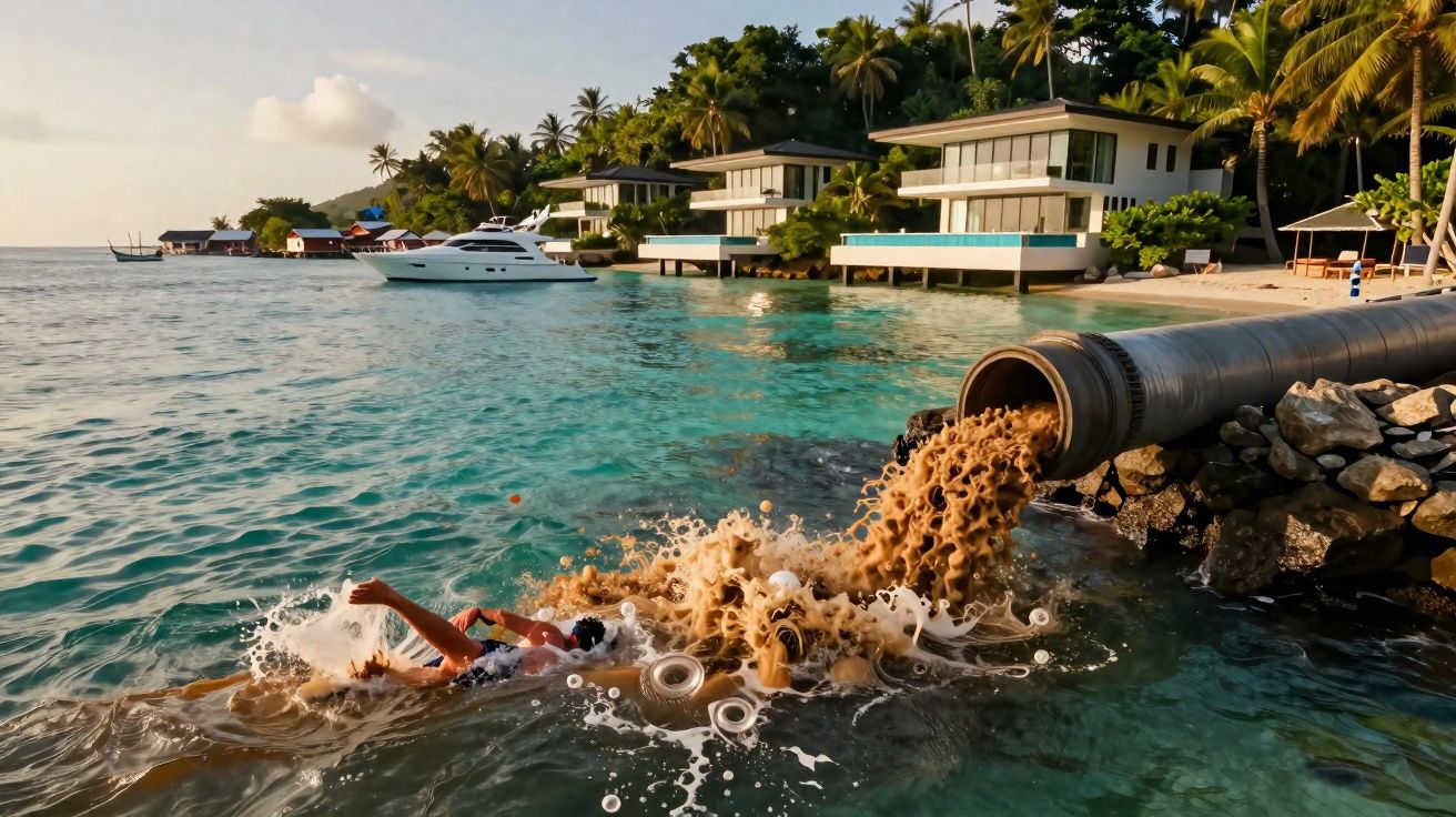 Homem nadando perto de tubo a despejar água poluída no mar junto a casas e barco de luxo.