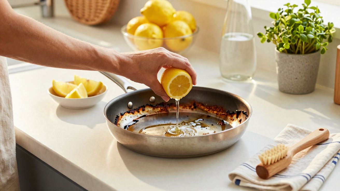Mão a espremer limão sobre frigideira suja numa bancada de cozinha com limões e planta ao fundo.