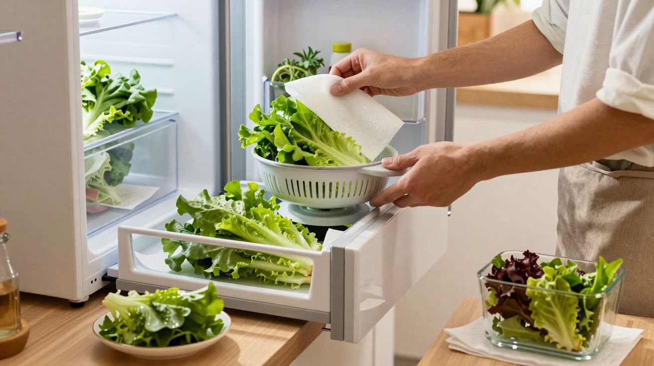 Pessoa a secar alface com papel absorvente junto ao frigorífico aberto cheio de folhas verdes.