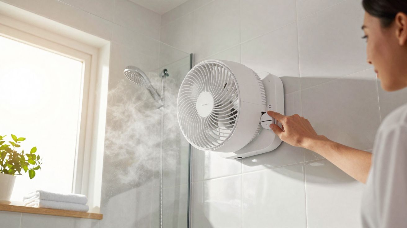 Pessoa ajusta um ventilador de parede num banho com vapor e luz natural a entrar pela janela.