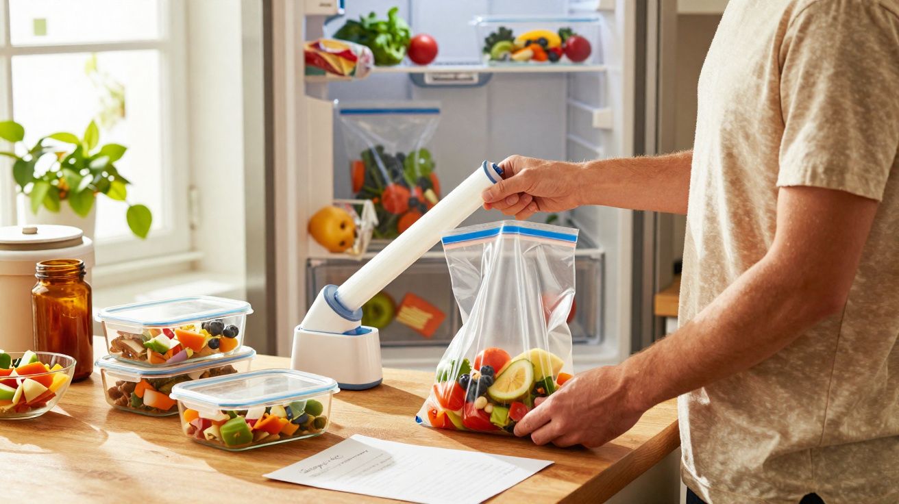 Pessoa a preparar e guardar vegetais frescos em saco plástico com sistema de vedação hermética na cozinha.