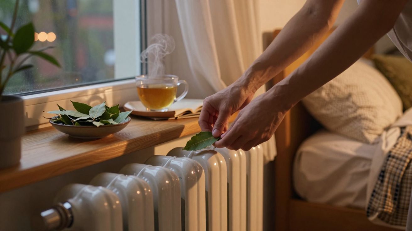 Mãos a colocar folhas numa radiador ao lado de uma janela com chá quente e almofada na cama.