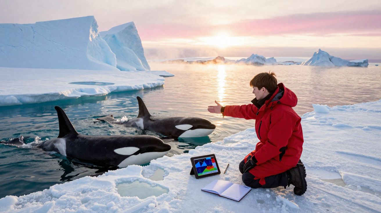 Pessoa com casaco vermelho interage com orcas em ambiente gelado com icebergs e pôr do sol ao fundo.