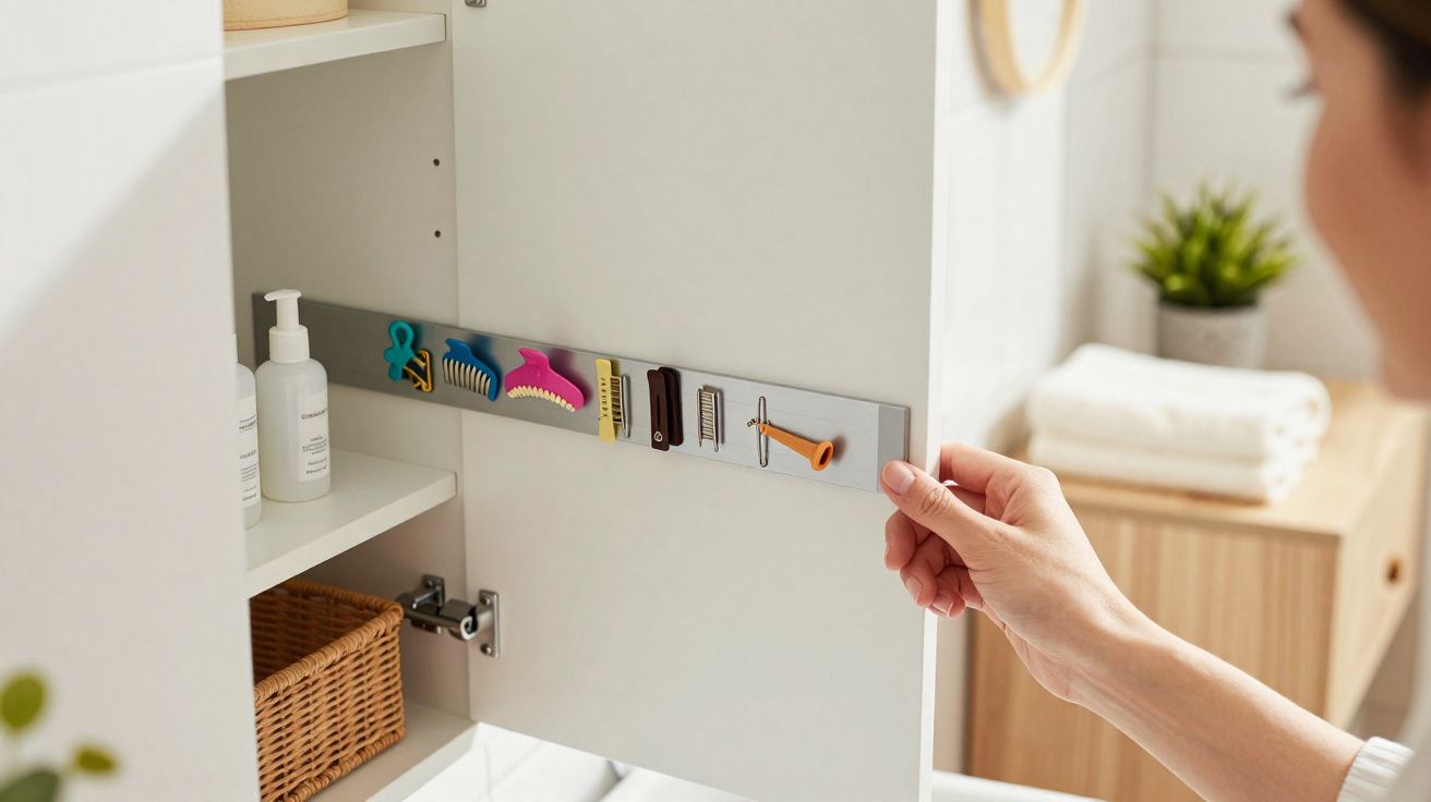 Mão a abrir porta de armário de casa de banho onde pequenos utensílios de cabelo estão organizados num suporte magnético.